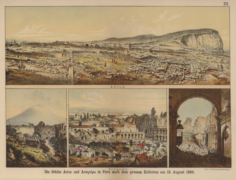 Miasta Arica i Arequipa w Peru po wielkim trzęsieniu ziemi z 13 sierpnia 1868 (kolor lito) autorstwa German School