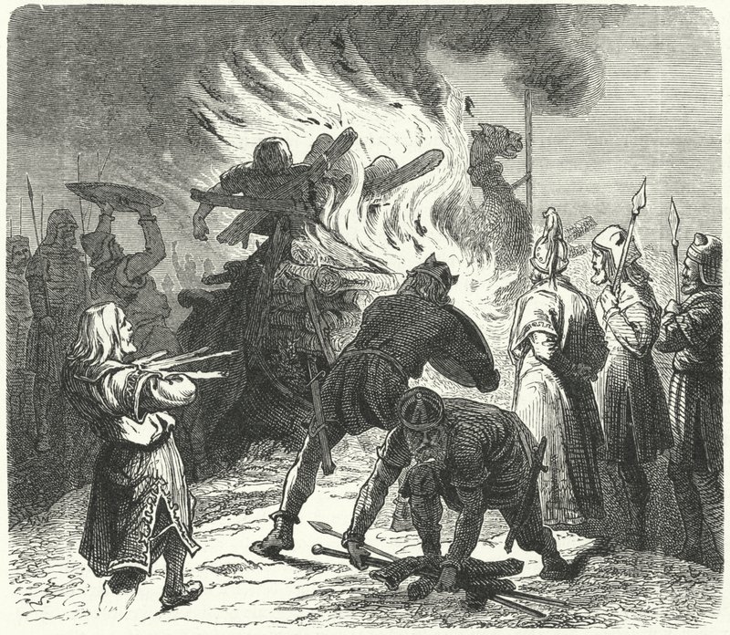 Legendarny król szwedzki Sigurd Hring spalający ciało Haralda Wartootha po bitwie Bravellir (rycina) autorstwa German School