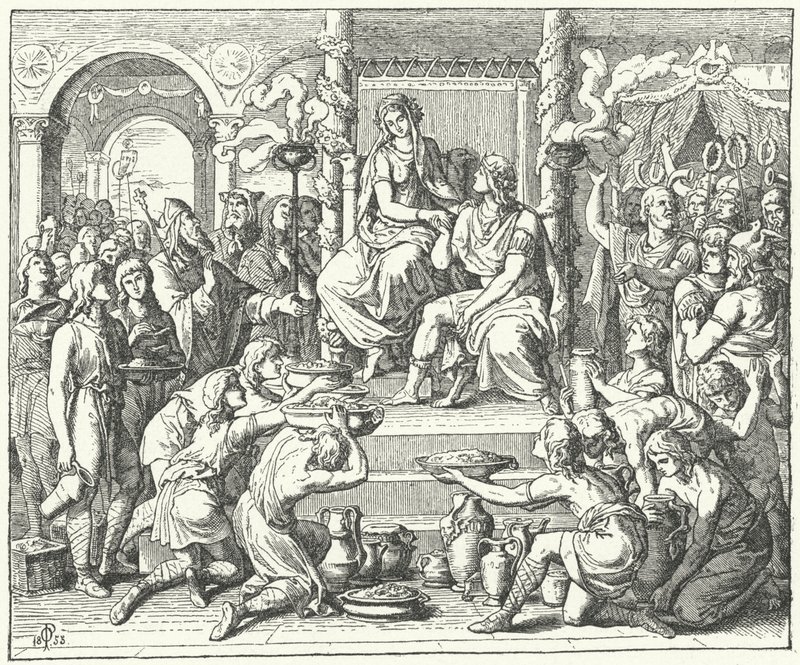 Ślub Ataulfa, króla Wizygotów, i Galli Placydii, córki cesarza rzymskiego Teodozjusza I, 414 (rycina) autorstwa German School