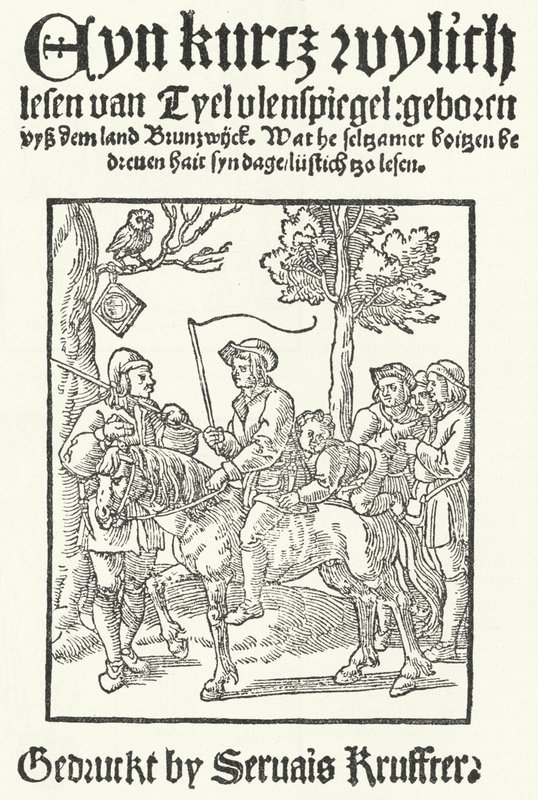 Strona tytułowa najstarszego znanego dolnoniemieckiego wydania Till Eulenspiegel, wydrukowane przez Servaisa Krufftera (rycina) autorstwa German School