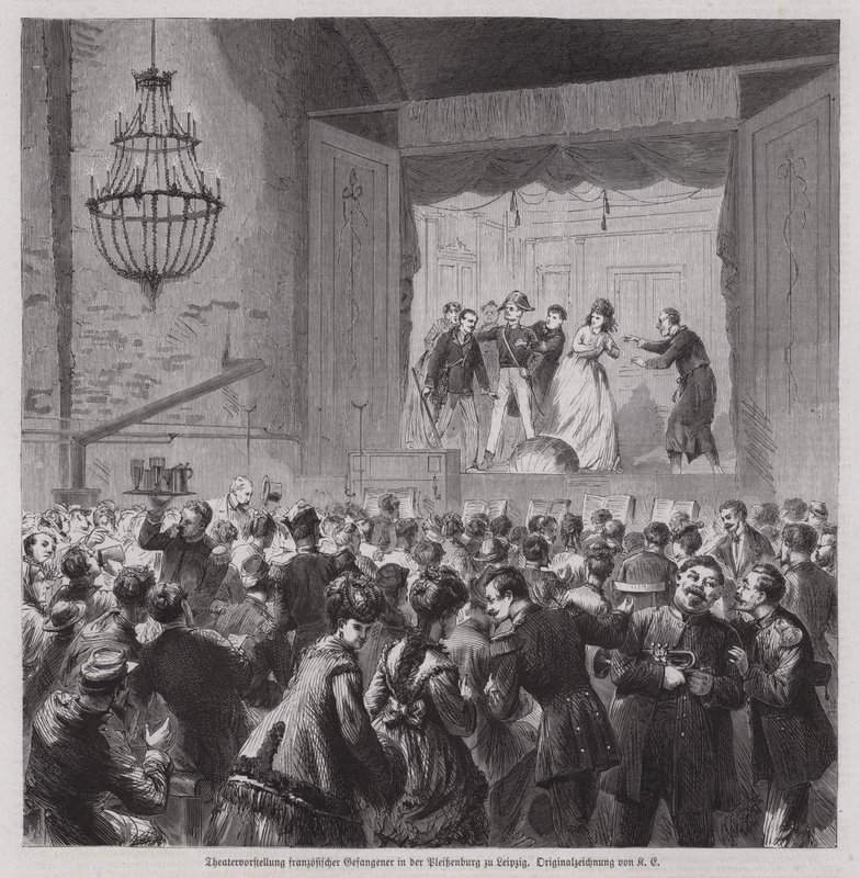 Przedstawienie teatralne francuskich jeńców z wojny francusko-pruskiej w Pleissenburgu, Lipsku, Niemcy (rycina) autorstwa German School
