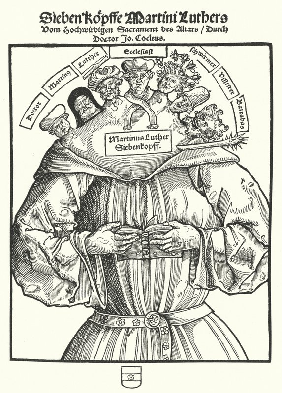 Strona tytułowa broszury Johna Cochlaeusa Siedem głów Marcina Lutra autorstwa German School
