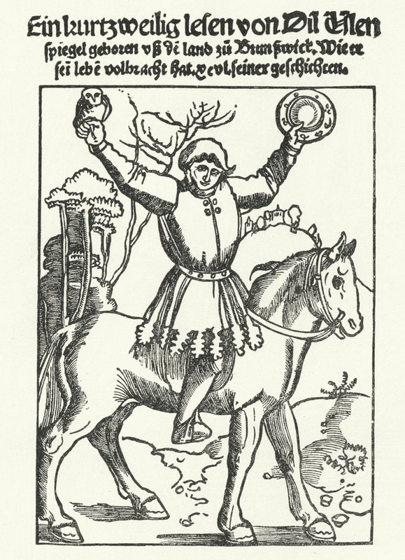 Till Eulenspiegel przedstawiony z sową i lustrem (grafika) autorstwa German School