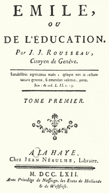 Strona tytułowa z pierwszego wydania Emila Jean-Jacques Rousseau, wydanego w 1762 r. (rycina) autorstwa German School