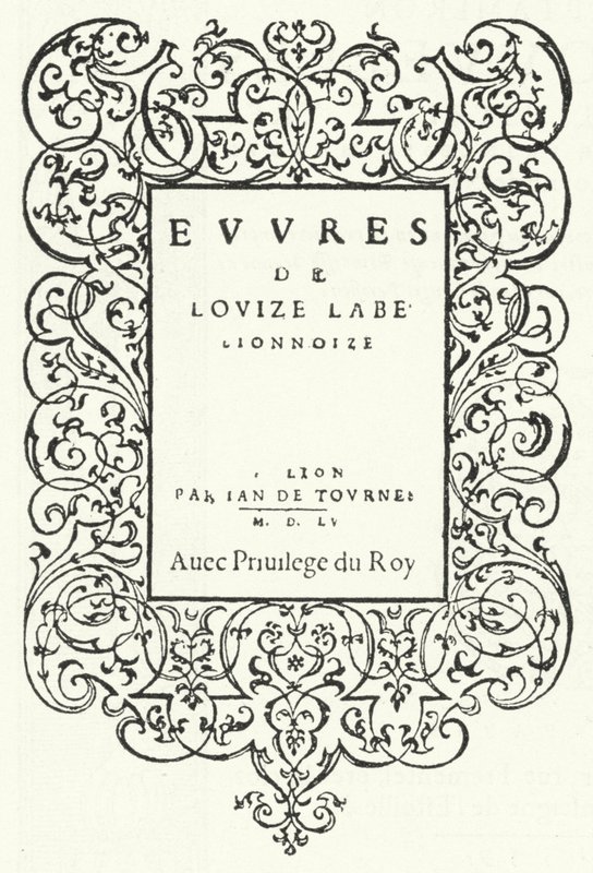 Strona tytułowa z pierwszego wydania dzieła francuskiej poetki Louise Labe (rycina) autorstwa German School