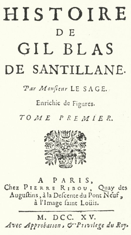 Strona tytułowa pierwszego wydania Gila Blasa francuskiego powieściopisarza i dramaturga Alaina-Rene Lesage, wydanego w 1715 r. (rycina) autorstwa German School