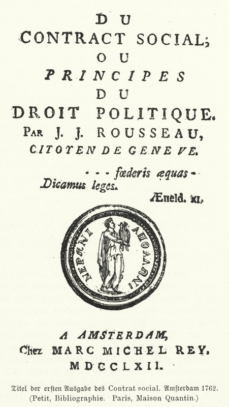 Strona tytułowa pierwszego wydania Umowy społecznej, Jean-Jacques Rousseau autorstwa German School