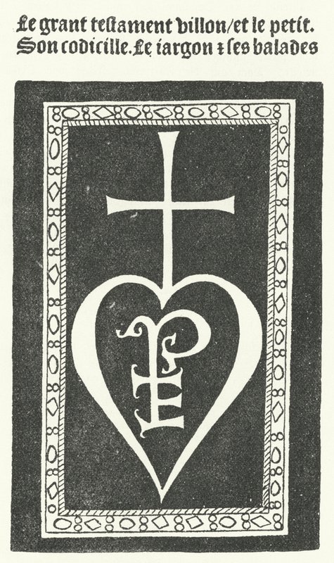 Strona tytułowa pierwszego wydania wierszy francuskiego poety Francois Villon, wydrukowane przez Pierre