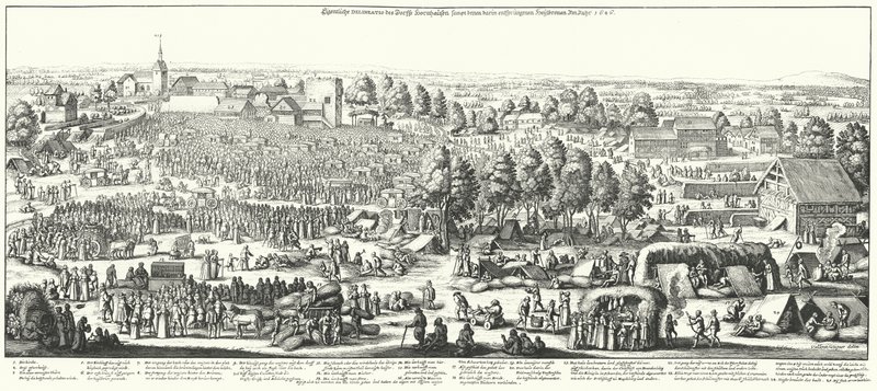 Podróżnicy odwiedzający źródła lecznicze we wsi Hornhausen, 1646 (rycina) autorstwa German School