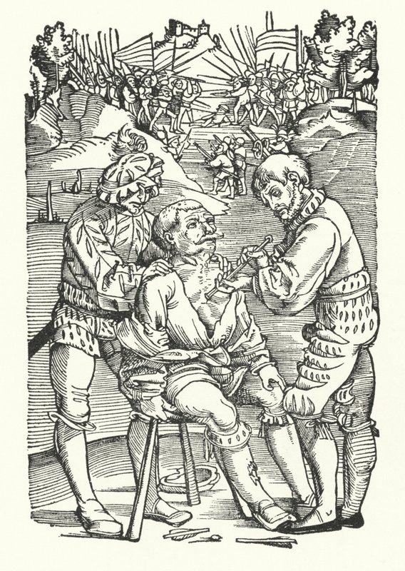 Leczenie rannego żołnierza na polu bitwy (grafika) autorstwa German School