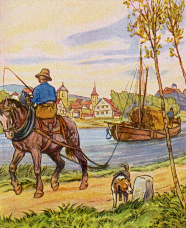 Treidelschiff / Holownik (kolorowa litografia) autorstwa German School