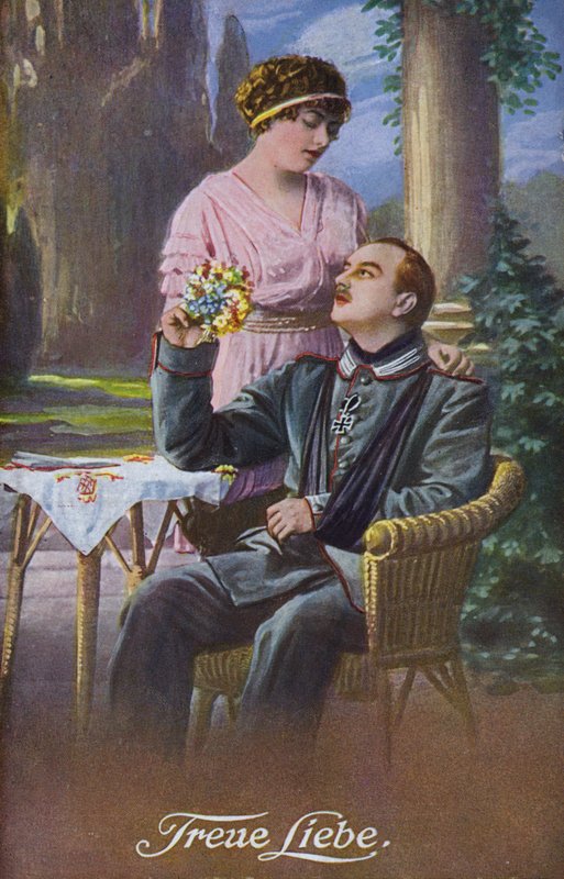 Prawdziwa miłość: ranny niemiecki żołnierz z ukochaną (kolorowa litografia) autorstwa German School