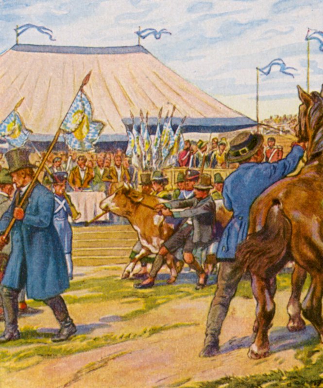 Viehpreisverteilung / Dystrybucja cen żywego inwentarza (kolorowa litografia) autorstwa German School