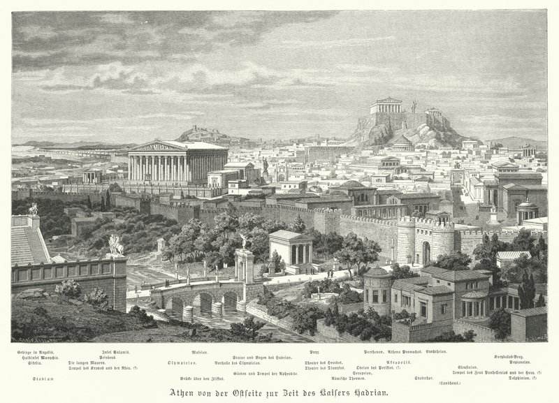 Widok na Ateny od wschodu za panowania Cesarstwa Rzymskiego Hadrian, II w. (rycina) autorstwa German School