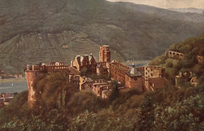 Widok na zamek w Heidelbergu z Molkenkur (kolorowa litografia) autorstwa German School