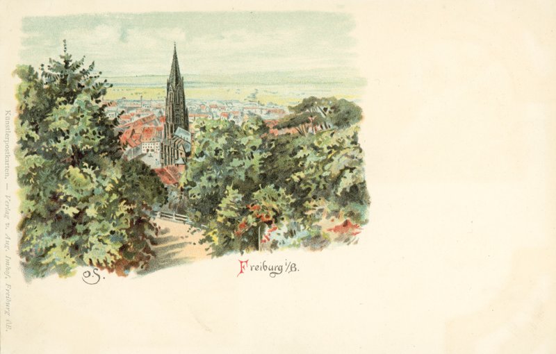 Widok na miasto Fryburg, Niemcy, z katedrą (chromolitho) autorstwa German School
