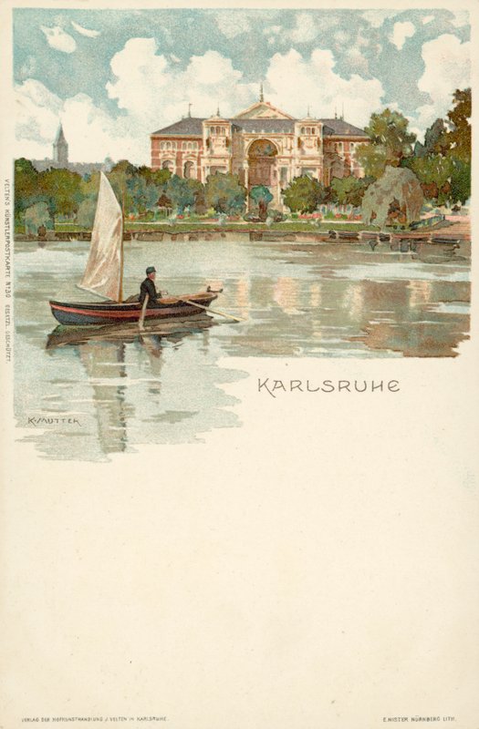 Widok miasta Karlsruhe w Niemczech (chromolitho) autorstwa German School