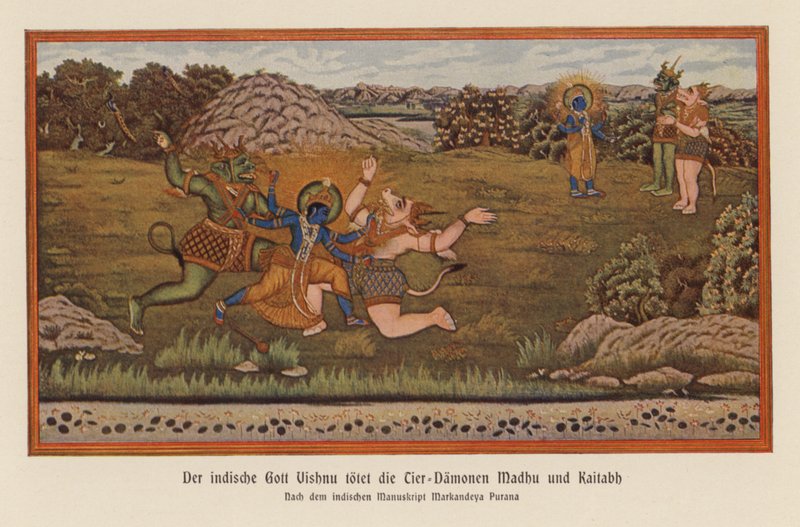 Wisznu zabijający demony Madhu i Kaitaba (kolorowa litografia) autorstwa German School