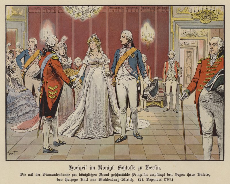 Ślub księcia Fryderyka Wilhelma pruskiego i księżnej Luizy Meklemburgii-Strelitz w Pałacu Królewskim, Berlin, 24 grudnia 1793 (kolor lito) autorstwa German School