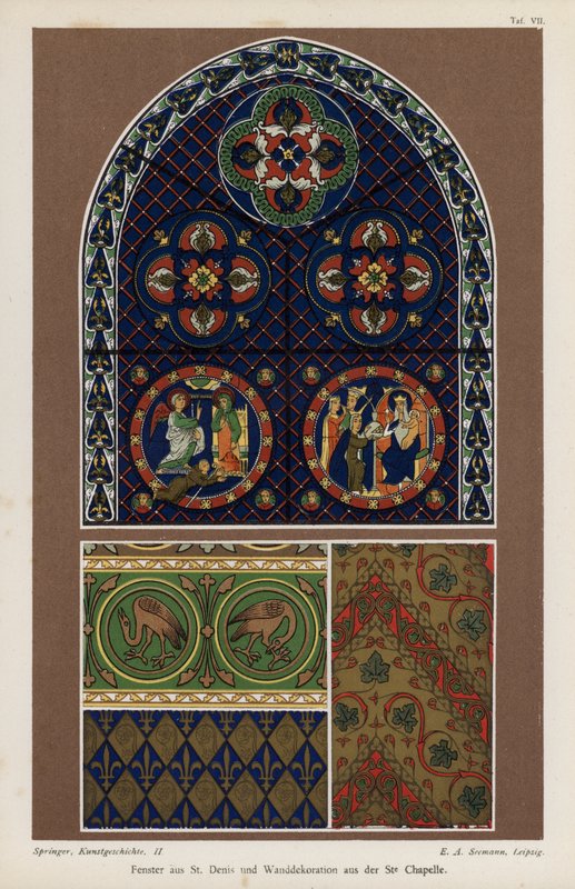 Okno z bazyliki św. Denisa i dekoracja ścienna z Sainte-Chapelle, Paryż, Francja (kolor lito) autorstwa German School