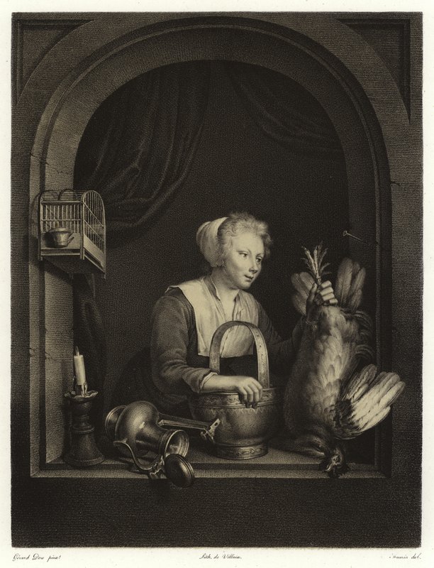 Kobieta wiesza ptactwo autorstwa Gerrit Dou