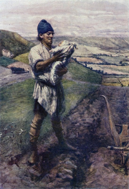 „Na bruzdowanym polu oracz cię znalazł” (litografia kolorowa) autorstwa Gertrude E. Demain (after) Hammond