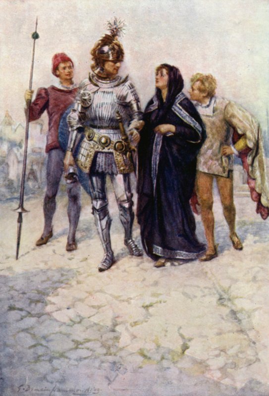 Książę Artur prowadzi Belge i jej synów do zamku (litografia kolorowa) autorstwa Gertrude E. Demain (after) Hammond