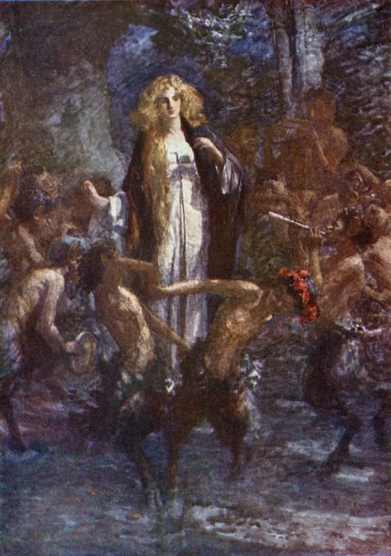 „Satyrowie tańczyli wokół niej z radości” (litografia kolorowa) autorstwa Gertrude E. Demain (after) Hammond
