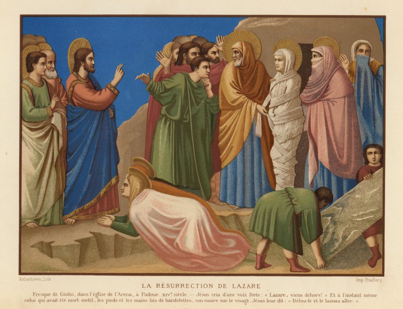 Wskrzeszenie Łazarza (chromolitho) autorstwa Giotto di Bondone (after)