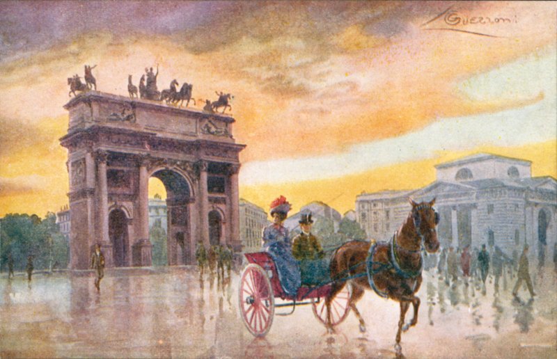Mediolan / Milan: Arco della Pace (kolorowa litografia) autorstwa Giovanni Guerzoni