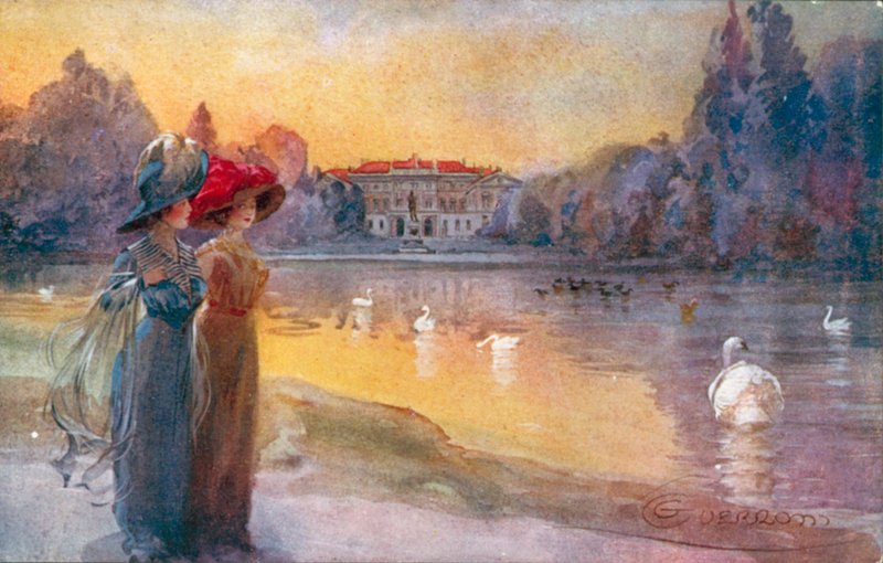 Mediolan / Mediolan: Ogrody publiczne i Villa Reale (kolorowa litografia) autorstwa Giovanni Guerzoni
