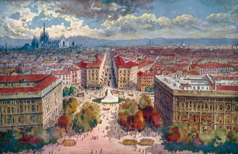 Milano / Mediolan: Panorama z zamku (kolorowa litografia) autorstwa Giovanni Guerzoni