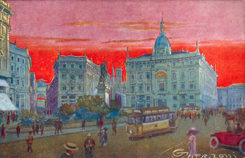 Mediolan / Milan: Piazza Cordusio (kolorowa litografia) autorstwa Giovanni Guerzoni