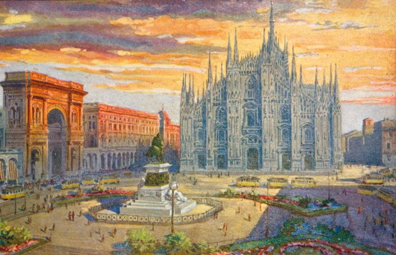 Milano / Mediolan: Piazza del Duomo (kolorowa litografia) autorstwa Giovanni Guerzoni