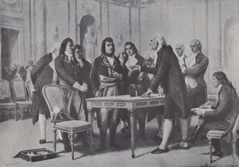 Alessandro Volta demonstruje swoją baterię Napoleonowi, Pierwszemu Konsulowi Francji, 1801 autorstwa Giuseppe Bertini