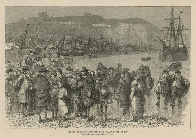 Hugenoci w Anglii: Francuscy uchodźcy hugenoccy lądujący w Dover w 1685 r. (rycina) autorstwa Godefroy Durand