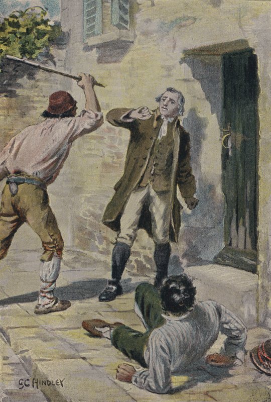 John Lombe zaatakowany przez Włochów podczas wizyty we Włoszech w celu zbadania przędzarek autorstwa Godfrey C. Hindley
