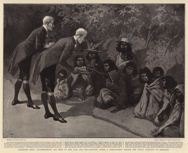 Spotkania skrajności, napoje są wysyłane do Gins i Piccaninnies po Corrobboree przed Royal Tourists w Brisbane autorstwa Gordon Frederick Browne