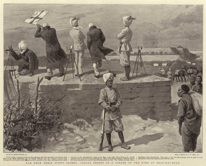 Z dala od swoich słonecznych klimatów, indiańskie oddziały w rogu fortu w Shan-Hai-Quan autorstwa Gordon Frederick Browne