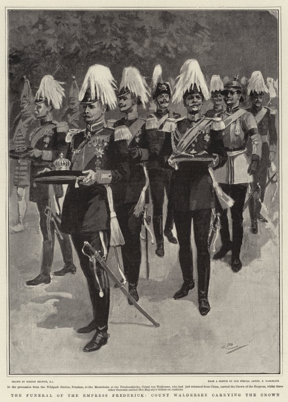 Pogrzeb cesarzowej Fryderyka, hrabiego Waldersee niosącego koronę autorstwa Gordon Frederick Browne