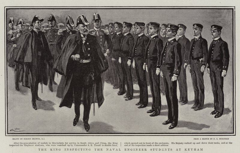 Król przeprowadza inspekcję studentów inżynierii morskiej w Keyham autorstwa Gordon Frederick Browne