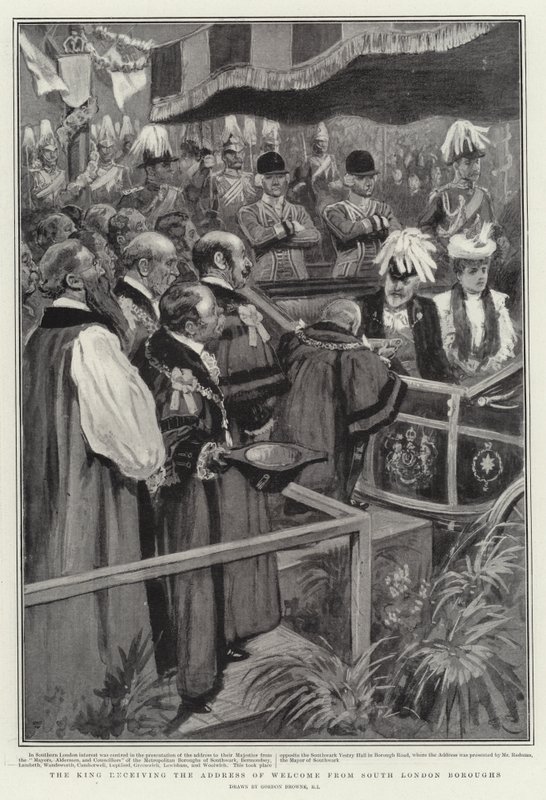 Król otrzymujący adres powitalny z dzielnic południowego Londynu autorstwa Gordon Frederick Browne