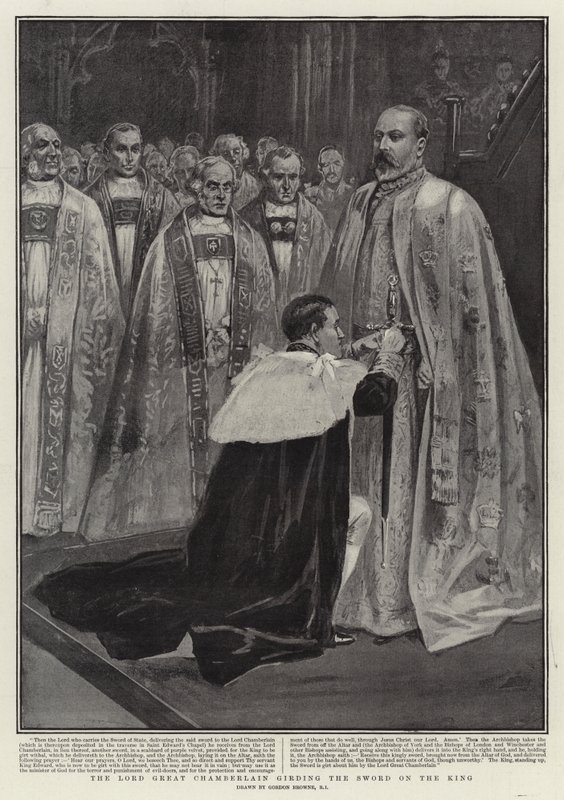 Lord Wielki Szambelan opasujący Miecz Króla autorstwa Gordon Frederick Browne