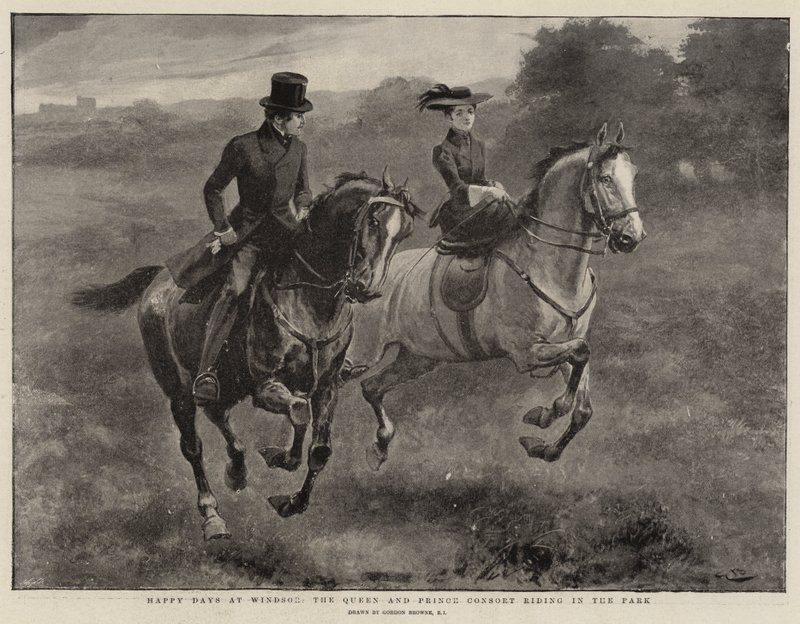 Happy Days at Windsor, królowa i książę małżonek jeżdżący po parku autorstwa Gordon Frederick Browne