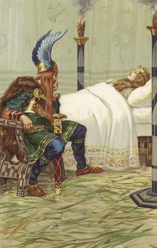 Harald siedział obok niej i obserwował ją (chromolitho) autorstwa Gordon Frederick Browne