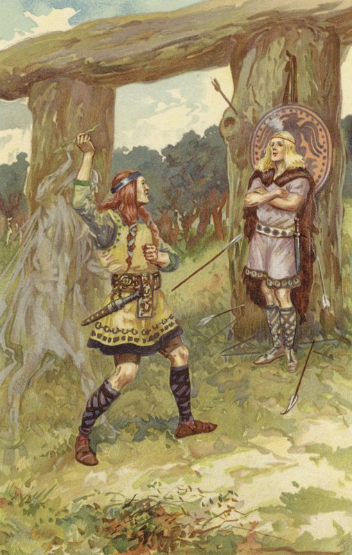 Hodur wziął jemiołę od Lokiego, a Loki poprowadził jego ramię i rzucił nią w Baldura, a z ostrym krzykiem Baldur padł martwy (chromolitho) autorstwa Gordon Frederick Browne