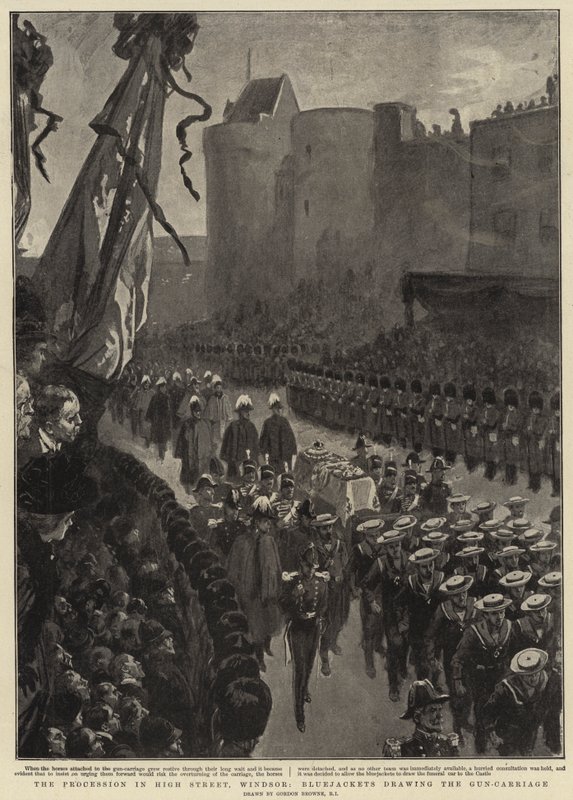 Procesja na High Street, Windsor, Bluejackets ciągnący Gun-Carriage autorstwa Gordon Frederick Browne