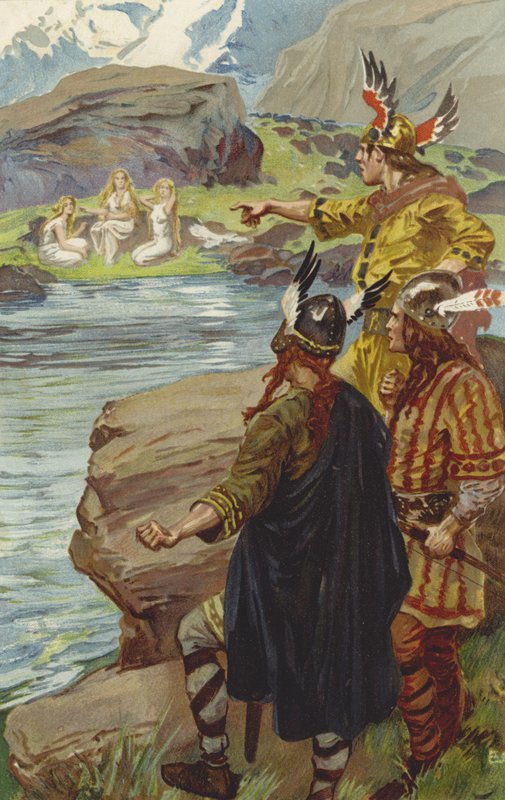 Widzieli na brzegu jeziora trzy dziewczęta siedzące i przędące len (chromolitho) autorstwa Gordon Frederick Browne