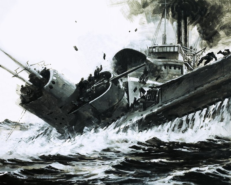Na Morzu Chińskim w 1930 r. ważący 2000 ton parowiec Yuta uderzył w burtę okrętu podwodnego Poseidon autorstwa Graham Coton