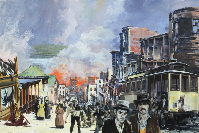 Pożar i trzęsienie ziemi w San Francisco w 1906 roku (gwasz na papierze) autorstwa Graham Coton